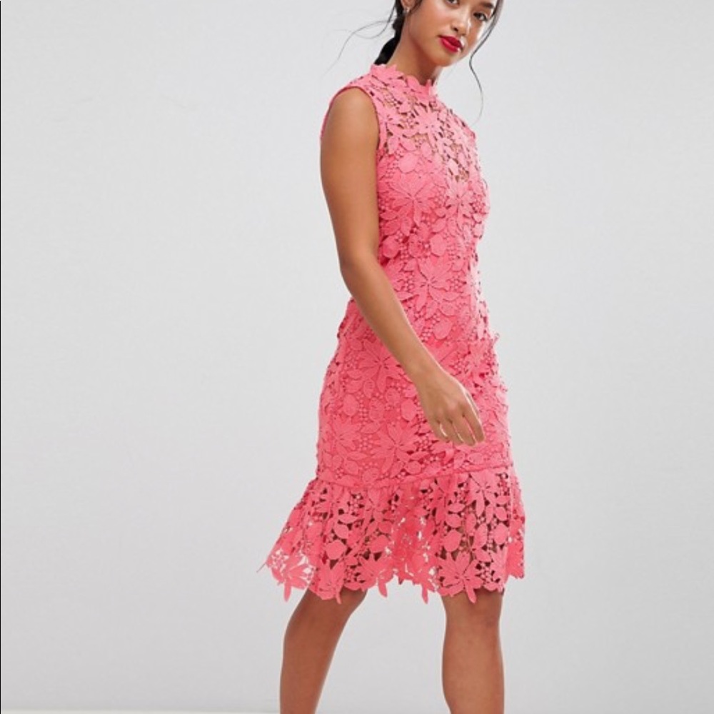 Coral Lace Dress with Peplum